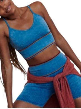 Free People Movement Varsity Tipping Ribbed Cropped Bralette Blue M/L Athleisure